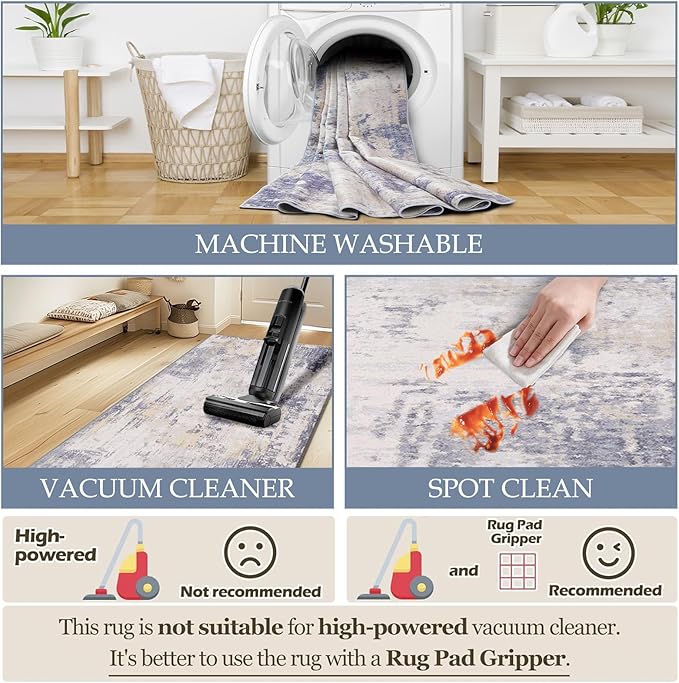 Washable Area Rugs 6'x9' Non-Slip Modern Abstract Soft for Living Room Entryway Bedroom Nursery, Print Pattern, Purple Grey Cream Yellow