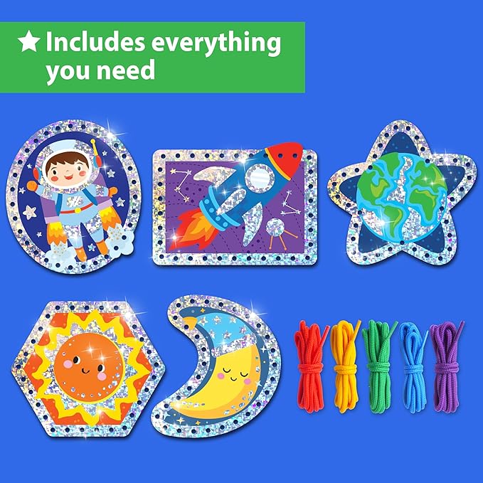 Premium Foil Edge Lacing Cards for Kids Ages 3-6 | 5 Double-Sided Space Sewing Cards with Multilingual Learning | Durable Cardboard Fine Motor Skills Activity Kit