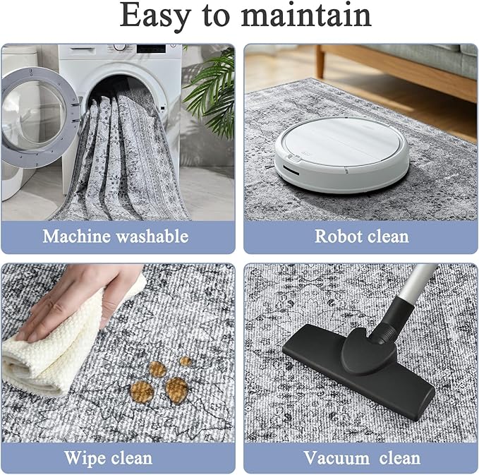 4x6 Area Rug for Bedroom Machine Washable, Non Slip Vintage Floral Kitchen Rugs for Dining Room,Rustic Indoor Floor Carpet for Kids Room, Playroom, Office Classroom Faded Grey