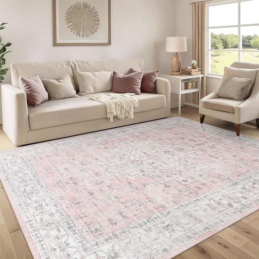 LIVEBOX Pink 6x9 Area Rug for Bedroom Girls, Boho Washable Rugs for Living Room Nursery, Non-Slip Indoor Soft Carpet Low-Pile Farmhouse Carpets for Dining Room Kids Playroom, Pink