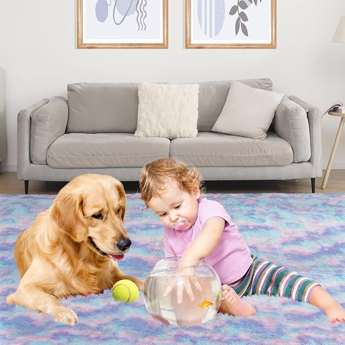 Rainbow Rug for Girls Room, 4x6 Fluffy Area Rugs for Bedroom, Colorful Kids Rug Cute Anti-Skid Indoor Carpet for Nursery, Living Room, Playroom, Home Decor