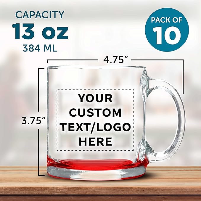 Custom Libbey Clear Glass Coffee Mugs 13 oz. Set of 10, Personalized Bulk Pack - Perfect for Coffee, Tea, Espresso, Hot Cocoa, Other Beverages - Red Bottom