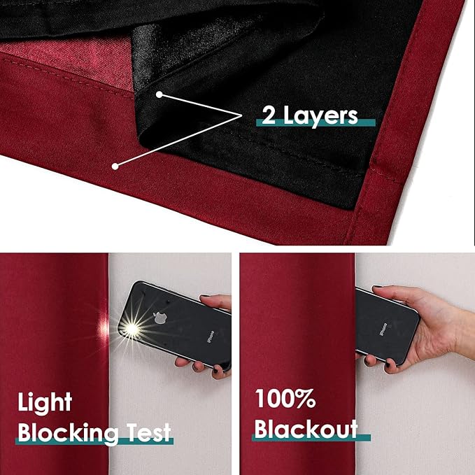 ChrisDowa 100% Blackout Curtains 108 inch Long for Bedroom with Black Liner, 2 Thick Layers Total Blackout Thermal Insulated Grommet Window Curtains 2 Panels Set (Burgundy, 52 x 108 Inch)