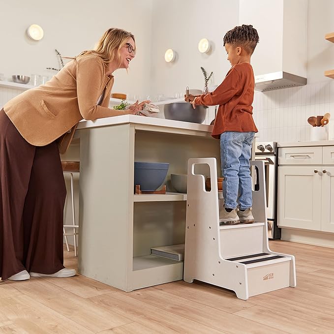 ECR4Kids Reach-Up Step Stool with Handles, Kids Furniture, White Wash