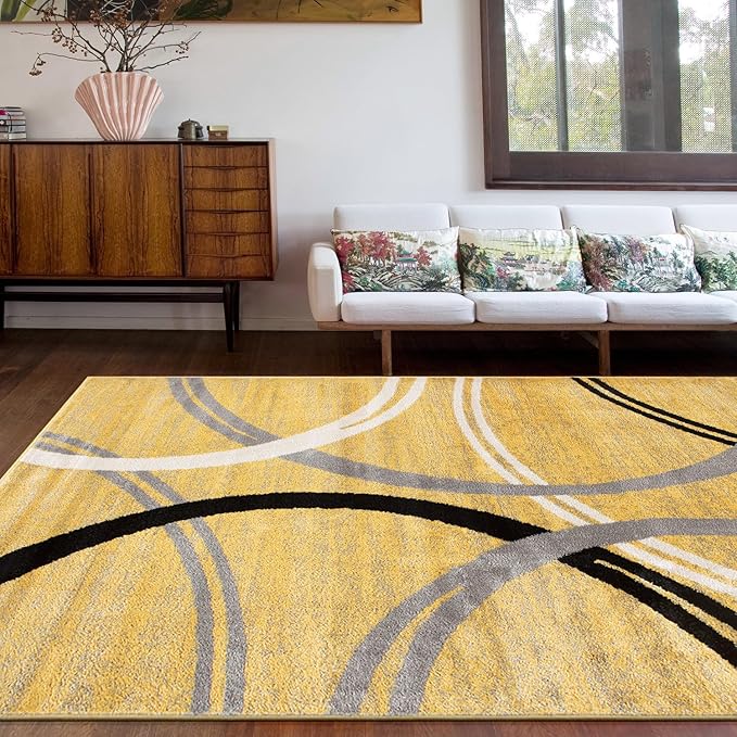 Rugshop Modern Wavy Circles Design Area Rug 10' x 14' Yellow