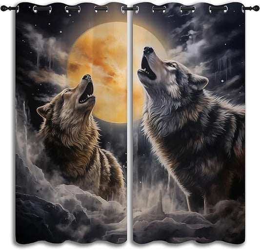 Fantasy Wolf Blackout Curtains for Boys Girl Bedroom Decor,Full Moon Starry Sky Wildlife Retro Thermal Insulated Grommet Drapes Darkening Window Curtain for Living Room Home 72x63 inch
