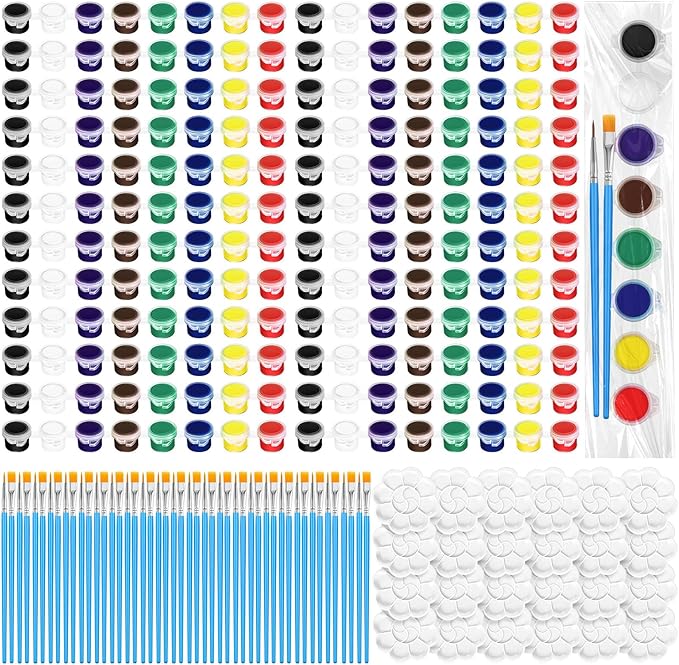 Fulmoon 24 Set Acrylic Paint Kits for Kids Adults Washable Mini Painting Kit Arts Crafts Party Favors Filled Strips Brushes Palettes Bulk for Classroom Home Kit Supplies (Fresh Color)