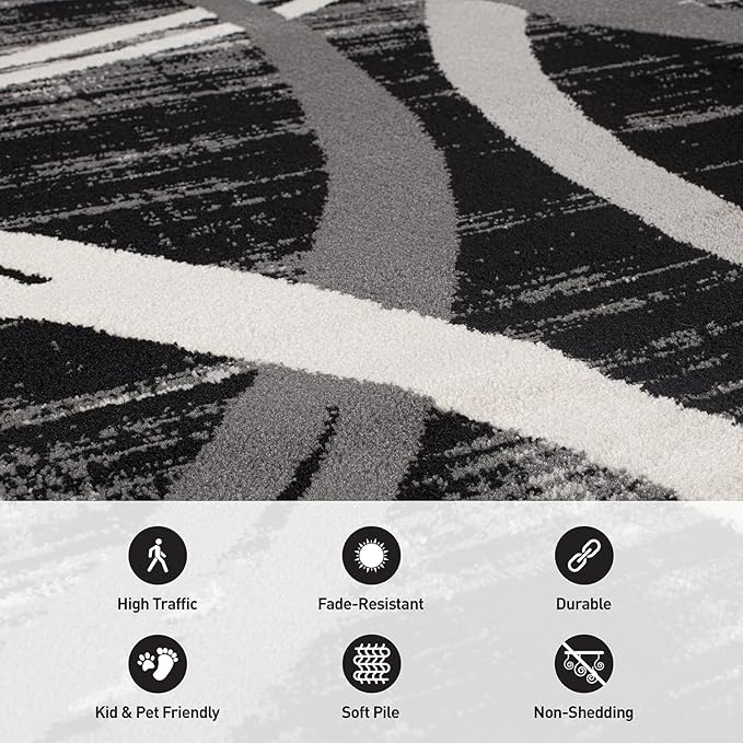 Rugshop Modern Wavy Circles Design Area Rug 8'8" x 12' Black