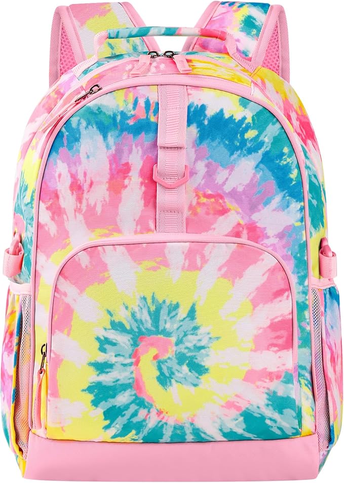 Choco Mocha Tie-Dye Backpack for Girls, Elementary School Backpack for Girls Ages 6-8 Kids Kindergarten Backpack Large Bookbag 18 Inch with Chest Strap, Colorful