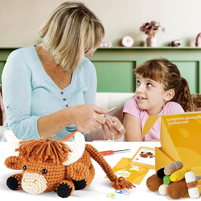 Crochet Kit for Beginners, Learn to Crochet, Include Easy Knitting Soft Yarn, Step-by-Step Video Tutorial, Hook, Holiday Birthday Gift for Adults and Kids(Highland Cow)