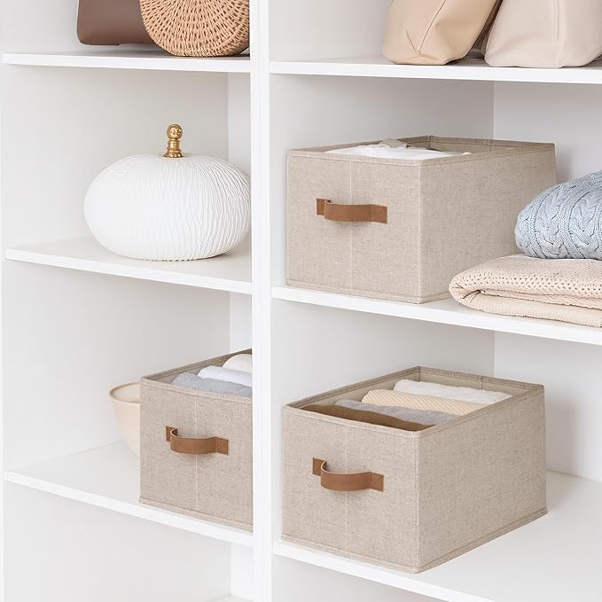 StorageWorks Storage Baskets for Shelves, Foldable Fabric Closet Storage Bins with Handles, Clothes Organizer Laundry Baskets, Brown & Beige, 3-Pack, Large