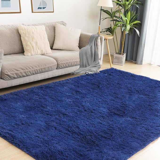Soft 6x9 Blue Rug, Fluffy Area Rugs for Living Room, Plush Navy Area Rugs for Bedroom, Non-Slip Indoor Carpet for Nursery, Study Room, Kids Room, Room Decor