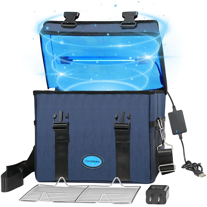 UVC Sanitizer Ozone Box with Timer, Foldable Large Cleaner UV Bag w/strap and USB Port, Portable UVC Light Tote 185nm wavelength for Mask, Cell Phone, Key, Towel 12L/3.17 gal