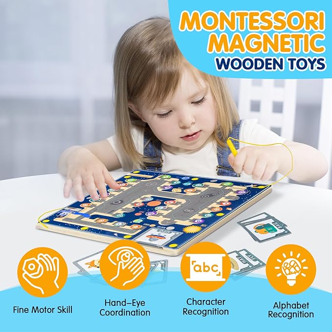 deli Magnetic Alphabet Maze, Wooden Montessori Toys for Tolddlers, Learning Educational Fine Motor Skills Toys for Kids 3 4 5 Year Old Gifts