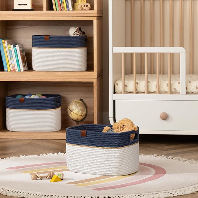 UBBCARE 2 Pack Baskets for Organizing, Woven Storage Baskets with Label for Toys and Towel, Rectangle Cotton Rope Basket with Handles, 15''L x10''W x9''H, Navy Blue&White