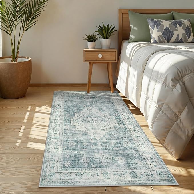 LIVEBOX Entryway Rug 3x5 Washable Area Rugs for Kitchen Bathroom, Non-Slip Front Door Mat for Bedroom, Boho Low-Pile Carpet Farmhouse Throw Indoor Mats for Bath Laundry Room, Blue