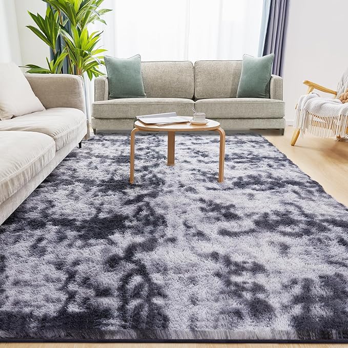 Fluffy Area Rug, 4x5.8 Tie-Dyed Dark Grey Rugs for Bedroom, Soft Plush Area Rugs for Living Room, Nursery, Study Room, Dressing Room, Home Decor