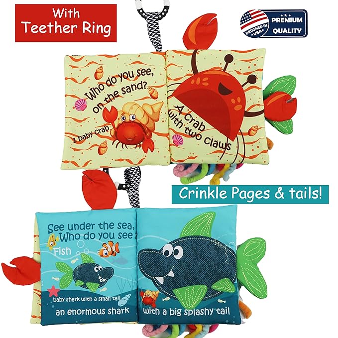 Fish Baby Book 0-6 Months,Touch Feel Cloth Crinkle Books for Babies,Infant Baby Toys 6-12 Months,Learning Education Soft Sensory Mirror Toy,Teether,Shower Gifts for Boys Girls-Gift Box