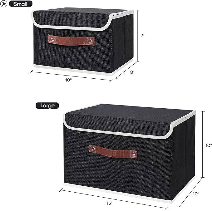 ANMINY 2PCS Storage Bins with Lid PU Leather Handles Storage Boxes PP Plastic Board Decorative Foldable Lidded Cotton Linen Fabric Home Cubes Baskets Closet Organizer Containers - Black, Small Size