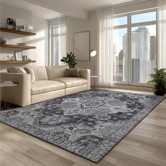 4x6 Washable Area Rug for Living Room, Carpet for Bedroom, Soft Faux Wool Retro Dining Room Rug, Non Slip&Non-Shedding Resistant Low Pile Vintage Print Rug for Home Office (Medium Gray)