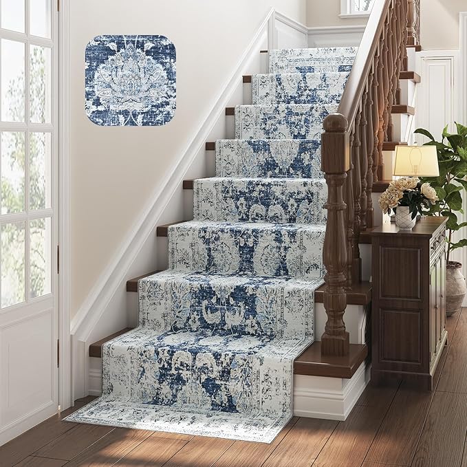 jinchan Hallway Runner Rug 3x8 Machine Washable Runner Rug Dark Blue Vintage Floral Design Non-Slip Low Pile Ultra-Thin for Kitchen Laundry Room Bedroom Farmhouse (3‘x8',Dark Blue)