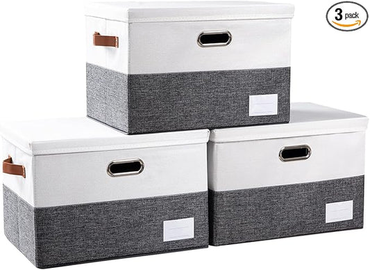 PRANDOM Foldable Storage Bins with Lids [3-Pack] Fabric Collapsible Storage Boxes Baskets Cubes Containers with Handles for Closet Living Room Bedroom (Grey & White 17.7x11.8x11.8'')
