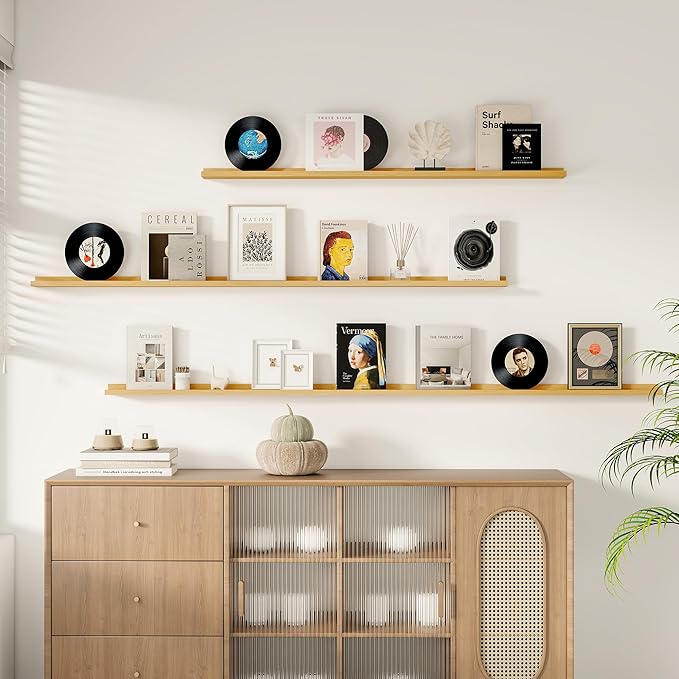 Floating Picture Ledge Shelves for Wall Set of 2, 95 Inches Picture Ledge Shelf with Long Large Nursery Book Shelf for Toys Storage Kids Bookshelf Wall Mounted Living Room Bedroom Decor Frames, Oak