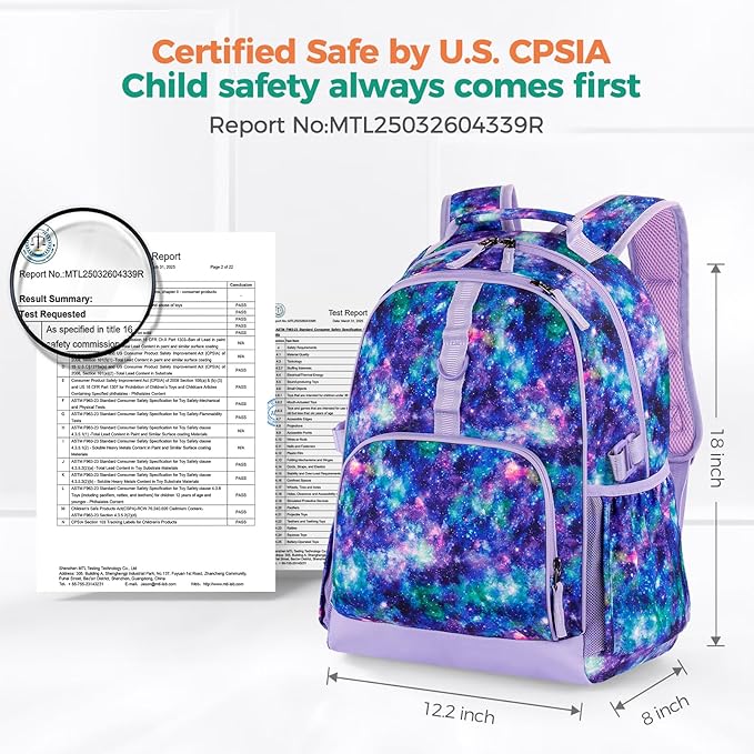 Choco Mocha Galaxy Backpack for Girls, Elementary School Backpack for Girls Ages 6-8 Kids Kindergarten Backpack Large Bookbag 18 Inch with Chest Strap, Purple