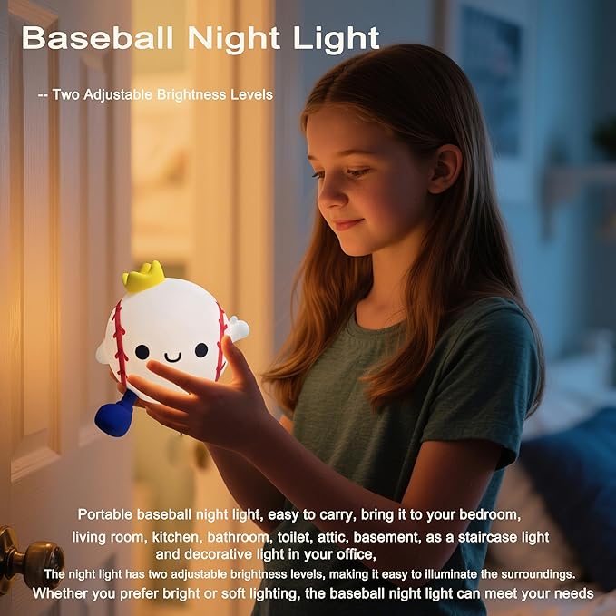 DREAMING MY DREAM Baseball Night Light,Cute Silicone Squishy Novelty LED Night Lamp, Touch Lamp with 2 Levels Dimmable 20Min Timer,for Nursery Bedroom Kids Room Boys Girls Gifts