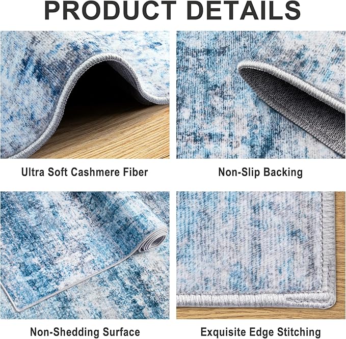 Area Rugs 9x12 Living Room - Washable Rug Modern Abstract Soft Large Neutral Non-Slip Carpet Indoor Floor Thin Carpets for Bedroom Dining Room Farmhouse Nursery Home Office Blue Grey