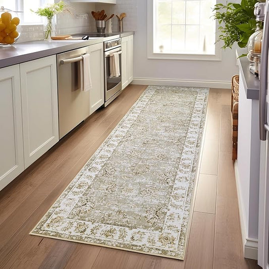 jinchan Hallway Runner Rug 3x8 Washable Runner - Vintage Floral Non Slip Low-Pile Soft Thin Faux Wool Kitchen Rug Distressed Carpet for Farmhouse Bedroom Laundry Room(3x8ft,Taupe)