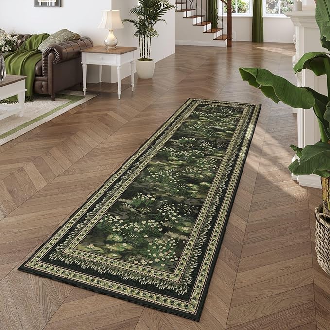 2x6 Runner Rug Impressionist-Style Vintage Kitchen Rugs Non Slip Washable Soft Carpet Runner for Kitchen Laundry Bedroom Bathroom, Green