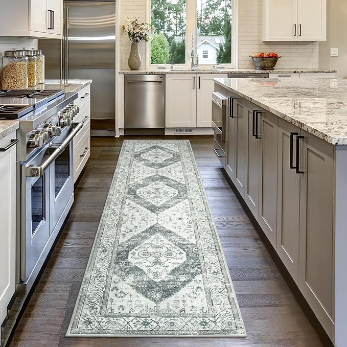 Lahome Boho Hallway Runner Rug 2x6, Washable Untra-Thin Non-Slip Kitchen Runner, Oriental Distressed Print Rug for Entryway Bathroom Laundry Room Bedroom, Grey