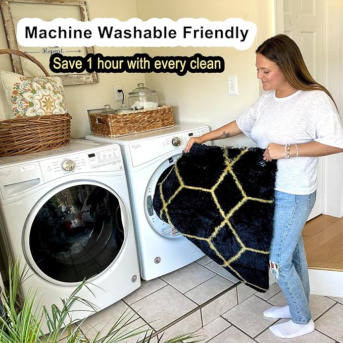 ONASAR 7x9 Area Rugs for Living Room Bedroom, Washable Large Boho Fluffy Black and Gold Throw Rug, Geometric Soft Plush Shaggy Floor Carpet for Nursery Kids Girls Boys Teen Dorm Home Decor Aesthetic