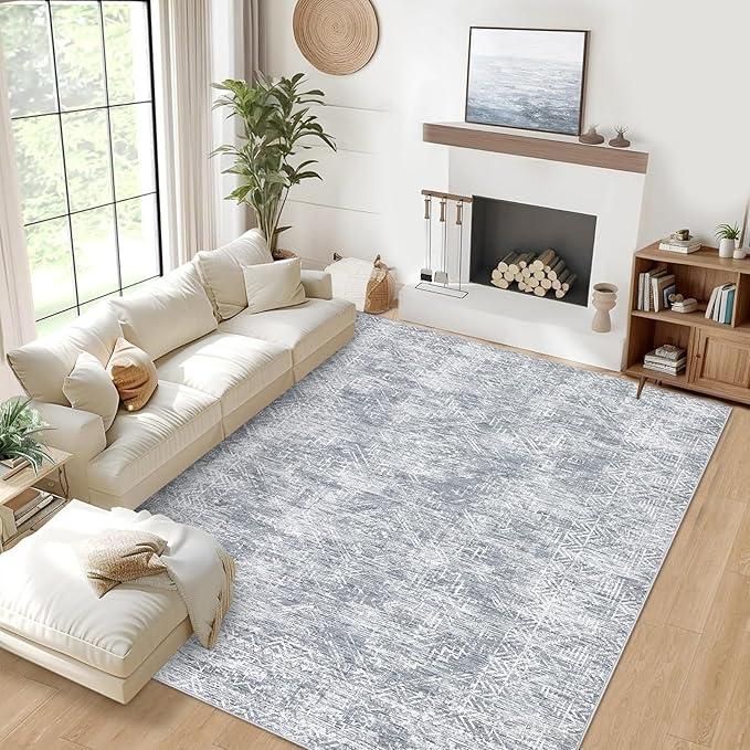 COZYLOOM Area Rug 4x6 Modern Washable Distressed Accent Carpet with Non-Slip Backing, Ultra-Soft Contemporary Geometric Floor Mat for Living Room, Kitchen, Bedroom, Grey