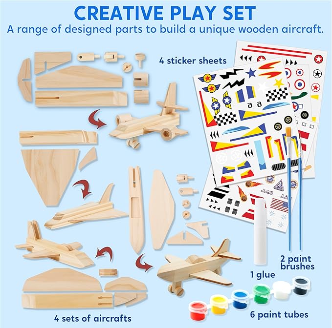 Klever Kits 4 DIY Wooden Aircrafts-Build & Paint Your Own Wooden Airplane Craft Kit, Art & Craft Kit DIY Projects, Easy to Assemble Birthday Gifts for Boys 6-12 Year Old