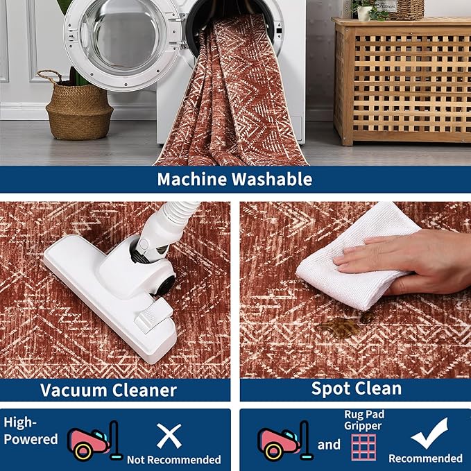 COZYLOOM 8x10 Rug Modern Indoor Area Rug Machine-Washable for Living Room or Bedroom Softness Foldable Mat for Easy Storage Geometric Design Non Slip Rug Low Pile Stain Resistant Carpet, Brick Red