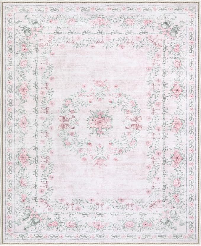 Wonnitar Floral Bow Print 8x10 Area Rugs, Washable Pink Rugs for Bedroom Girls, Boho Ultra-Thin Soft Non Slip Carpet for Nursery Living Room Kids Room Classroom Decor, Light Pink