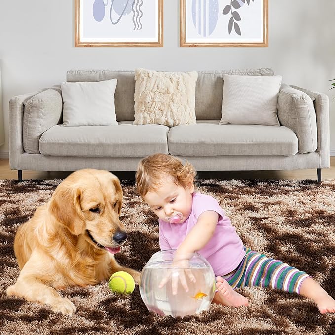 Ultra Soft Area Rugs for Living Room, 5x7 Tie-Dyed Brown Fluffy Plush Rugs for Bedroom, Non-Slip Floor Carpet for Kids Room, Bedside, Playroom, Corridor, Indoor Decor