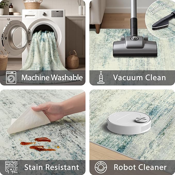 Washable Rug 6x9 Area Rugs, Abstract Large Living Room Rugs with Non-Slip Backing, Thin Carpet for Dorm Dining Room Table Nursery Indoor Home Office -Blue/Gray