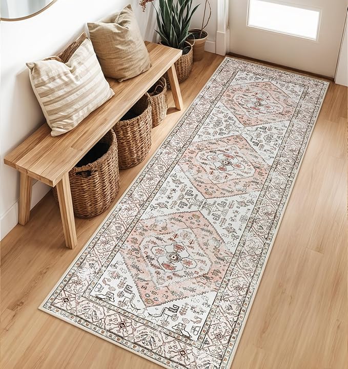 Lahome Boho Washable Non-Slip Pink Rug - Ultra-Thin Non-Shedding Bedroom Bathroom Carpet Runner for Hallway Entryway (Pink, 2'x6')