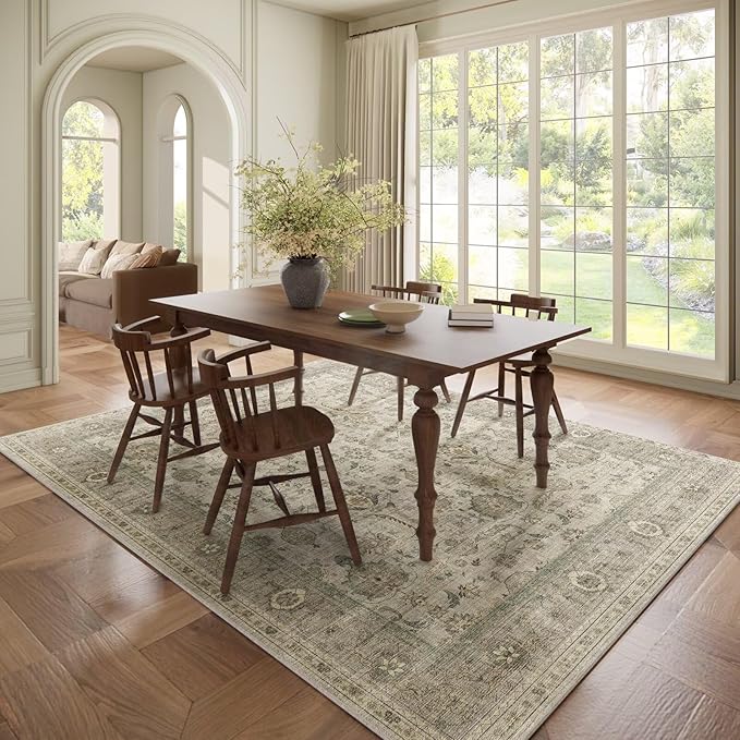 Washable 6x9 Area Rugs for Living Room, BoHo Non-slip Silicone Backing Large Rug for Bedroom Dining Room Nursery Office, 0.3" Neutral Oriental Throw Carpet with 0.16" Cushioning Pad, Light Brown/Multi