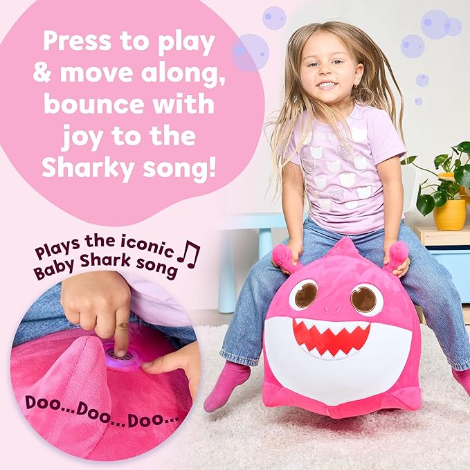 JITTERYGIT Baby Shark Bouncy Hopper - Musical Plush Toy for Kids and Toddlers - Mommy Shark (Pink)