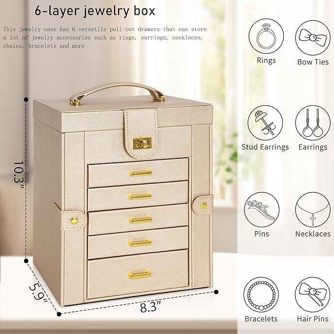 AKOZLIN 6-Tier Jewelry Box Organizer Functional Leather Jewelry Storage Case for Women Girls Ring Necklace Earring Bracelet Holder Organizer with Mirror