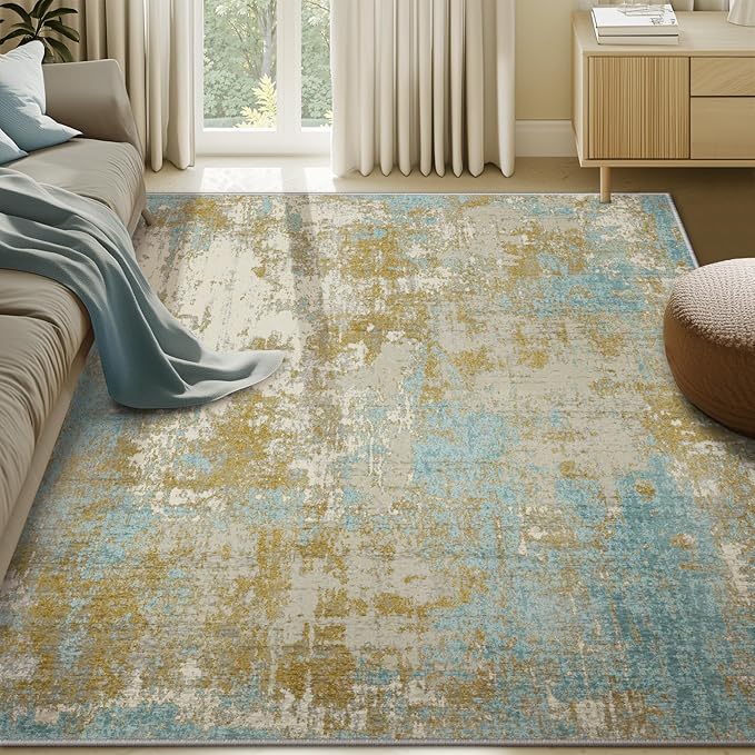 Washable Area Rugs 5'x7' Non-Slip Modern Abstract Soft for Living Room Entryway Bedroom Nursery, Print Pattern, Teal Blue Taupe