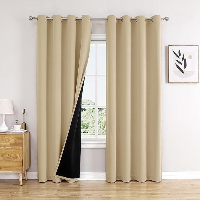 ChrisDowa 100% Blackout Curtains 108 inch Long for Bedroom with Black Liner, 2 Thick Layers Total Blackout Thermal Insulated Grommet Window Curtains 2 Panels Set (Beige, 52 x 108 Inch)
