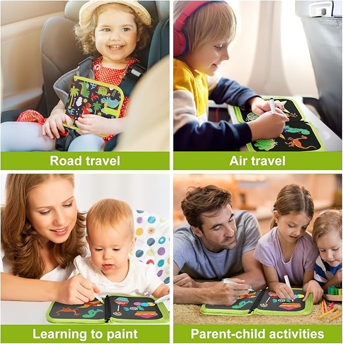 Erasable Doodle Set for Kids - Reusable Magic Drawing Book with 12 Watercolor Pens 14 Page Drawing, Road Trip Car Game Writing Painting Set for Boys and Girls (Green)