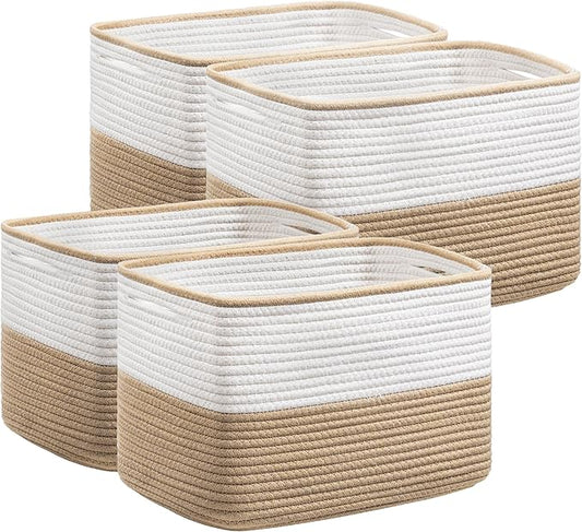 UBBCARE 4 Pack Baskets for Organizing, Woven Storage Baskets for Toys and Towel, Rectangle Cotton Rope Basket with Handles, 15''L x10''W x9''H, Brown