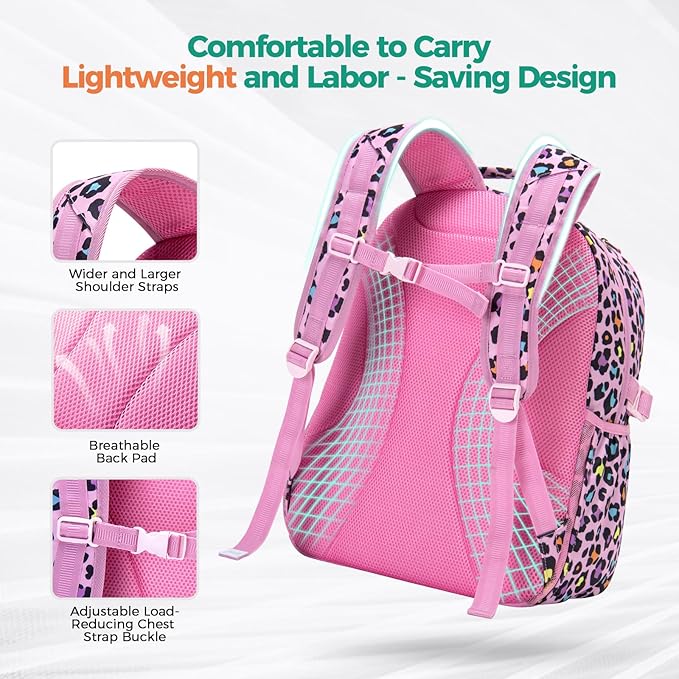 Choco Mocha Cheetah Backpack for Girls, Elementary School Backpack for Girls Ages 6-8 Kids Kindergarten Backpack Bookbag 17 Inch with Chest Strap, Pink Purple