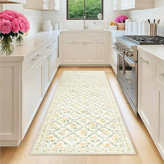 Runner Rug for Entryway: 2x6 Kitchen Rugs Non Slip Washable Ultra-Thin Soft Floral Carpet Indoor Floor Stain Resistant Carpets for Hallway Bedroom Kitchen Laundry Bathroom Dorm Beige/Multi